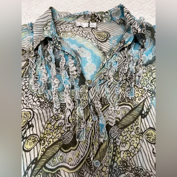 Apt. 9 Sheer Long Sleeve Blouse Blue Grey Olive with Ruffle Detail XL - Picture 3 of 9